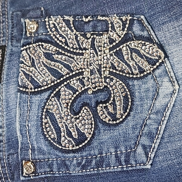 MISS ME ZEBRA PRINT FLEUR DE LIS RHINESTONES BOOT-CUT DENIM JEAN - Picture 2 of 16